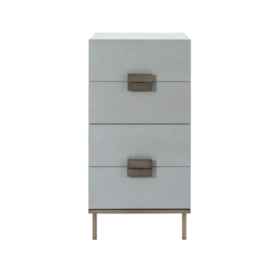 Gray dresser with two drawers and wooden handles on a white background
