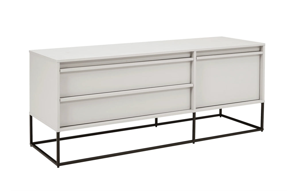 White dresser with black metal legs on a white background