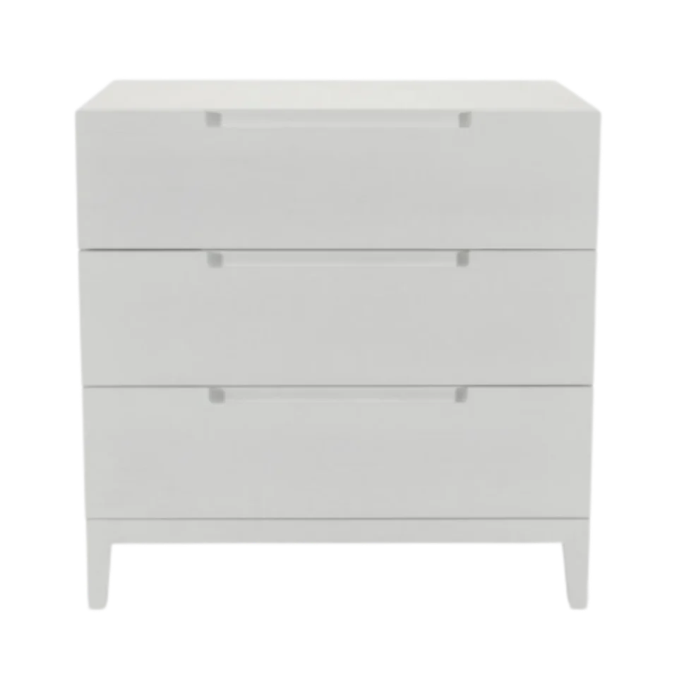 White dresser with three drawers on a white background