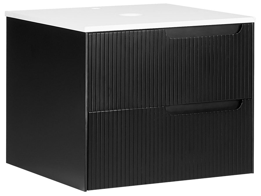 Black cabinet with white top on a white background