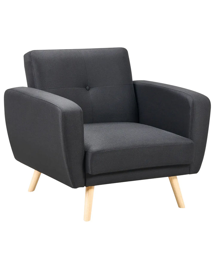 Dark gray armchair with wooden legs on a white background