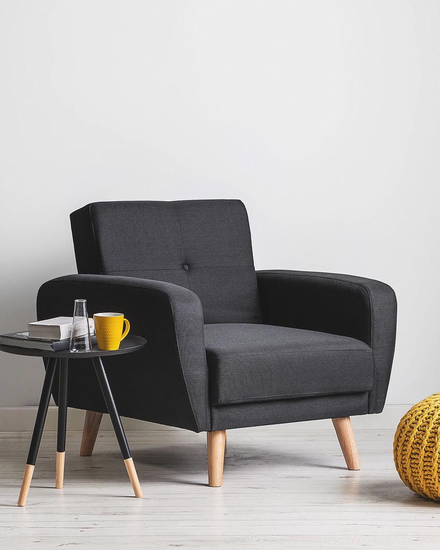 Premium fabric upholstery in a sleek black finish.