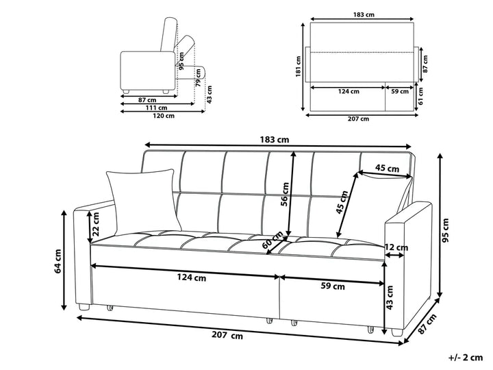 Sofa Bed 3 Seater Fabric Beige Hildi