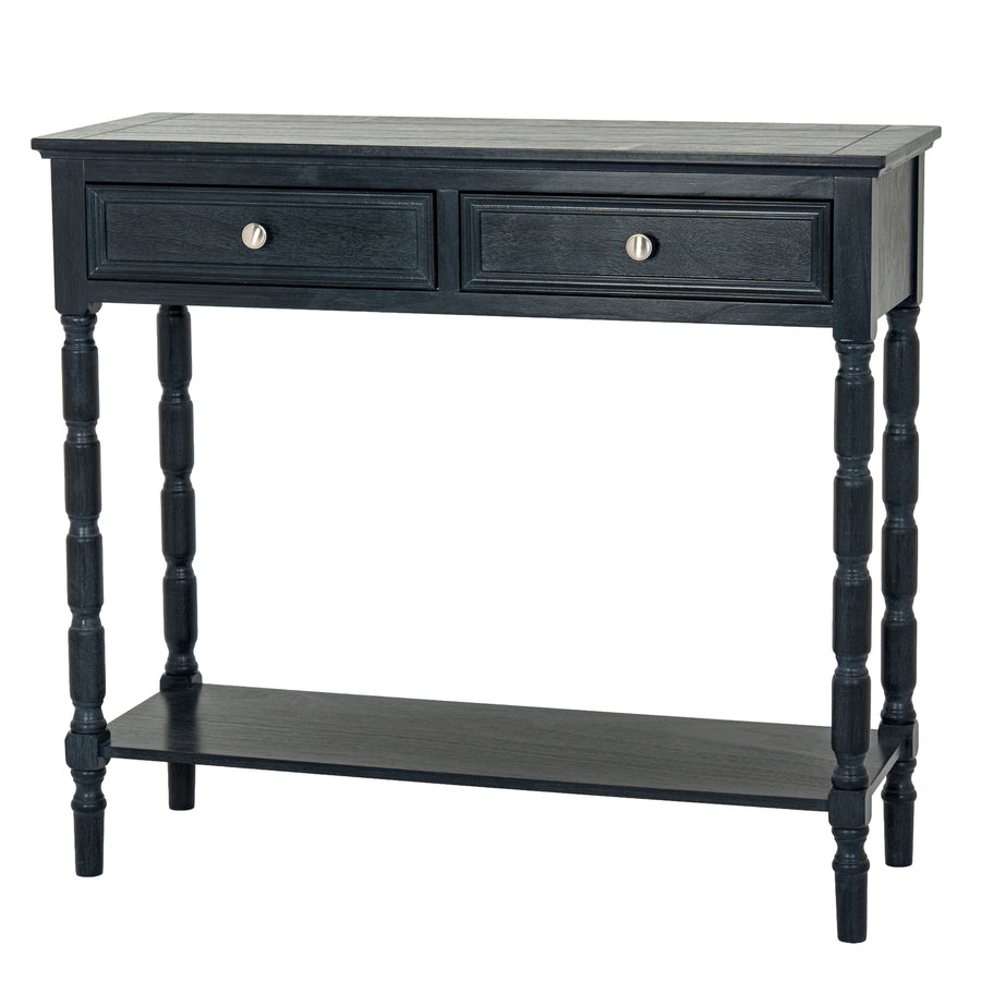 Black console table with two drawers and a shelf on a white background
