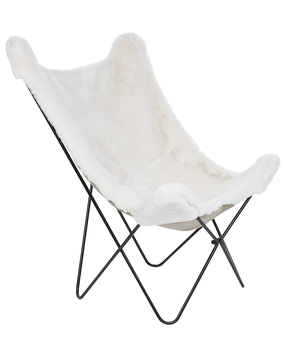 White butterfly chair with black metal frame on a white background