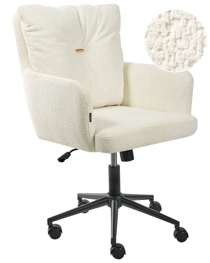 White textured office chair with black wheels on a white background