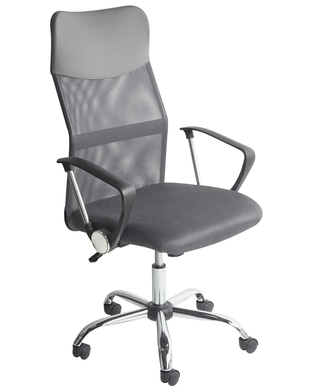 Gray office chair with mesh back and armrests on a white background