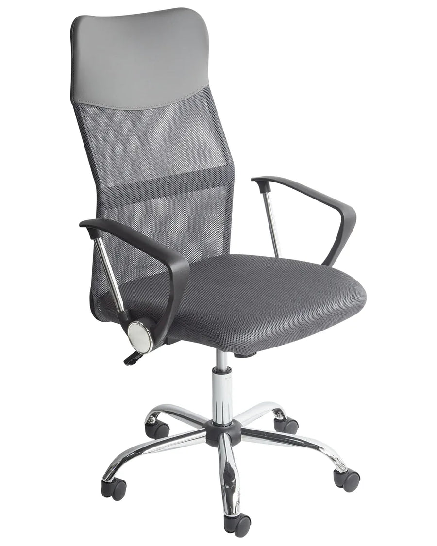 Gray office chair with mesh back and armrests on a white background