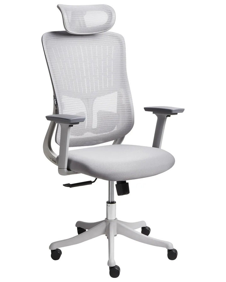 White office chair with mesh back and adjustable armrests on a white background