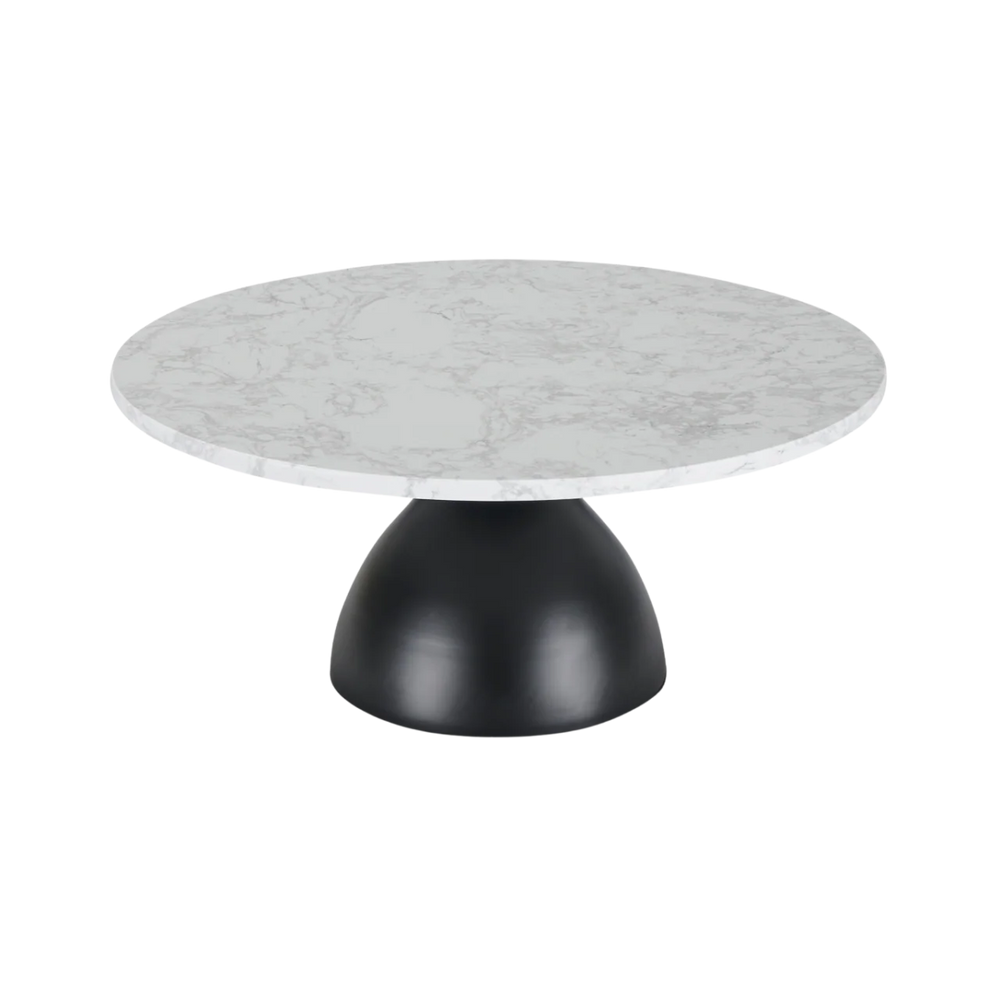 Round marble table with a black base on a white background