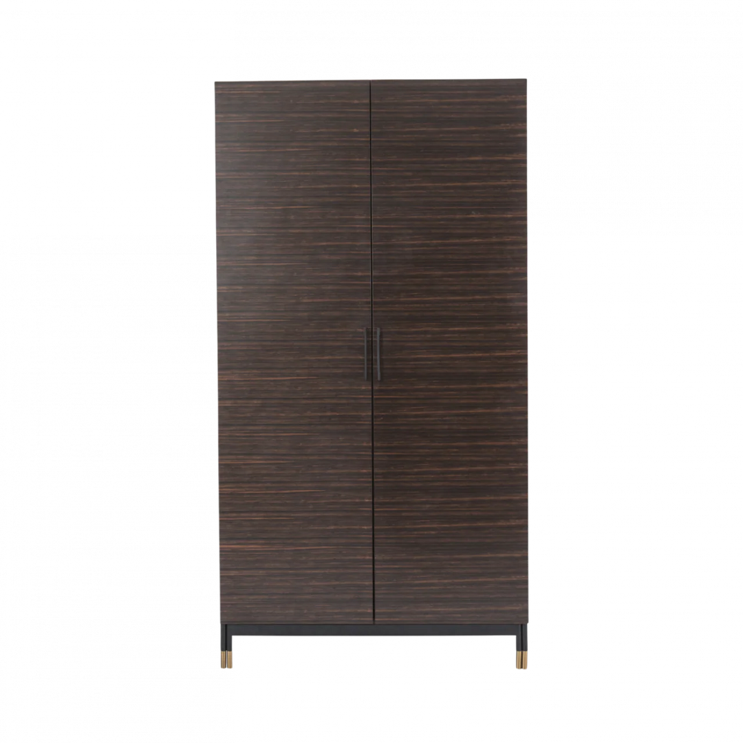 Dark wooden wardrobe with gold feet on a white background