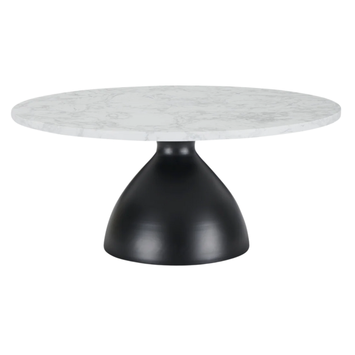 Round marble table with a black base on a white background