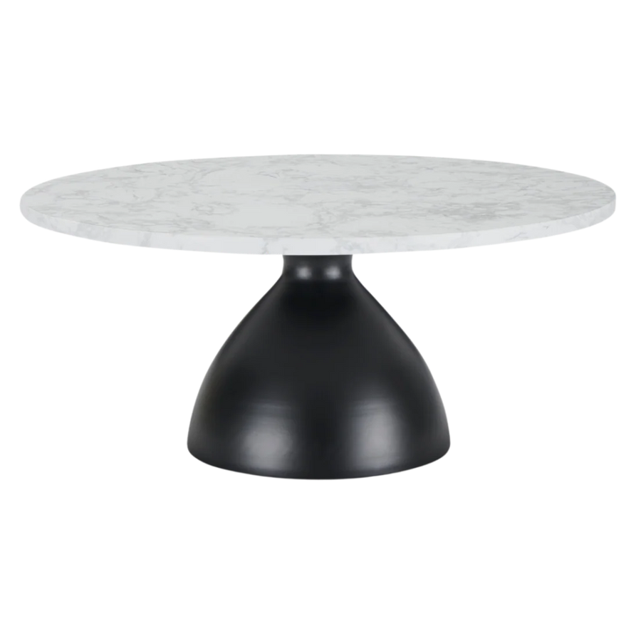 Round marble table with a black base on a white background