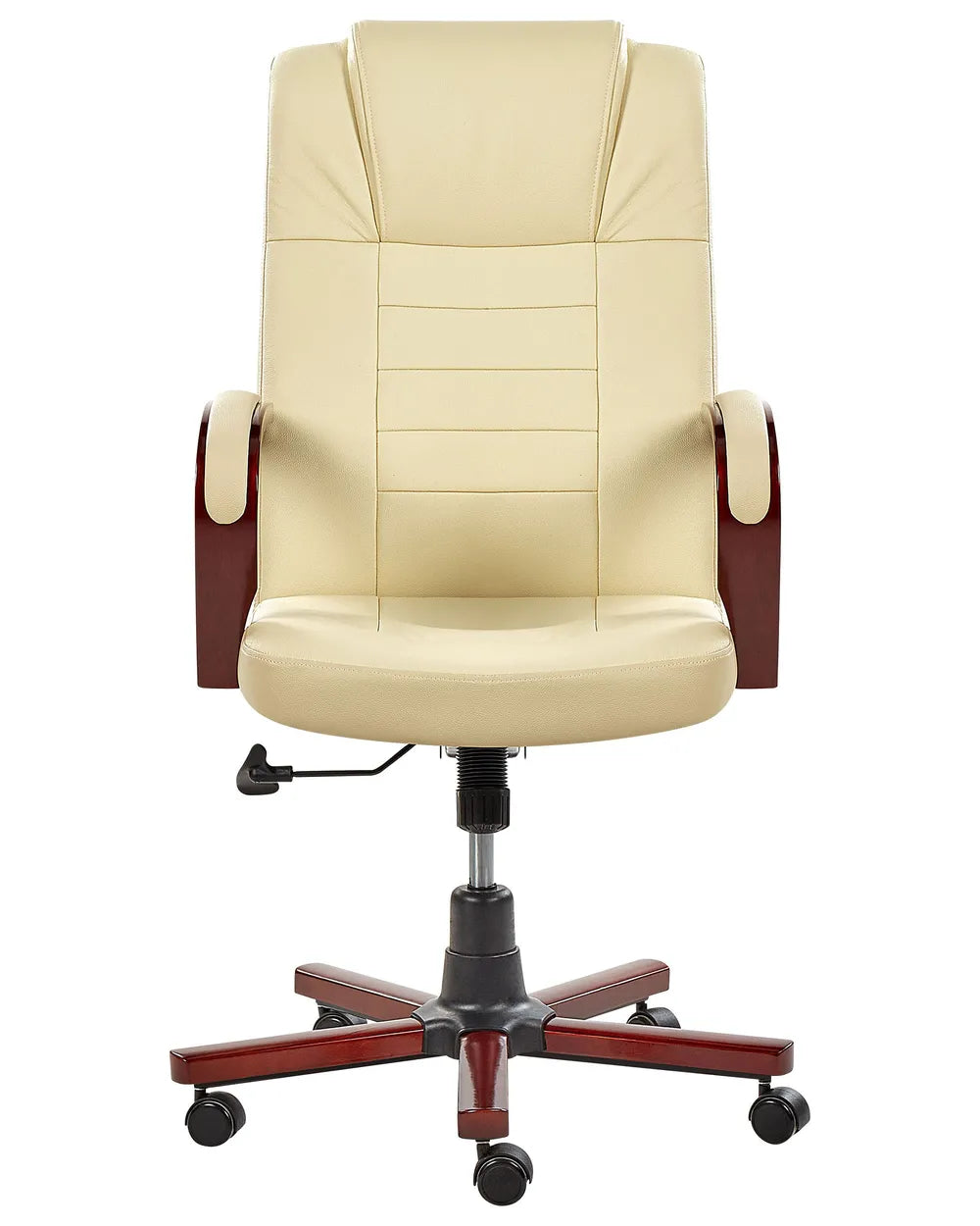 Beige office chair with wooden accents on a white background