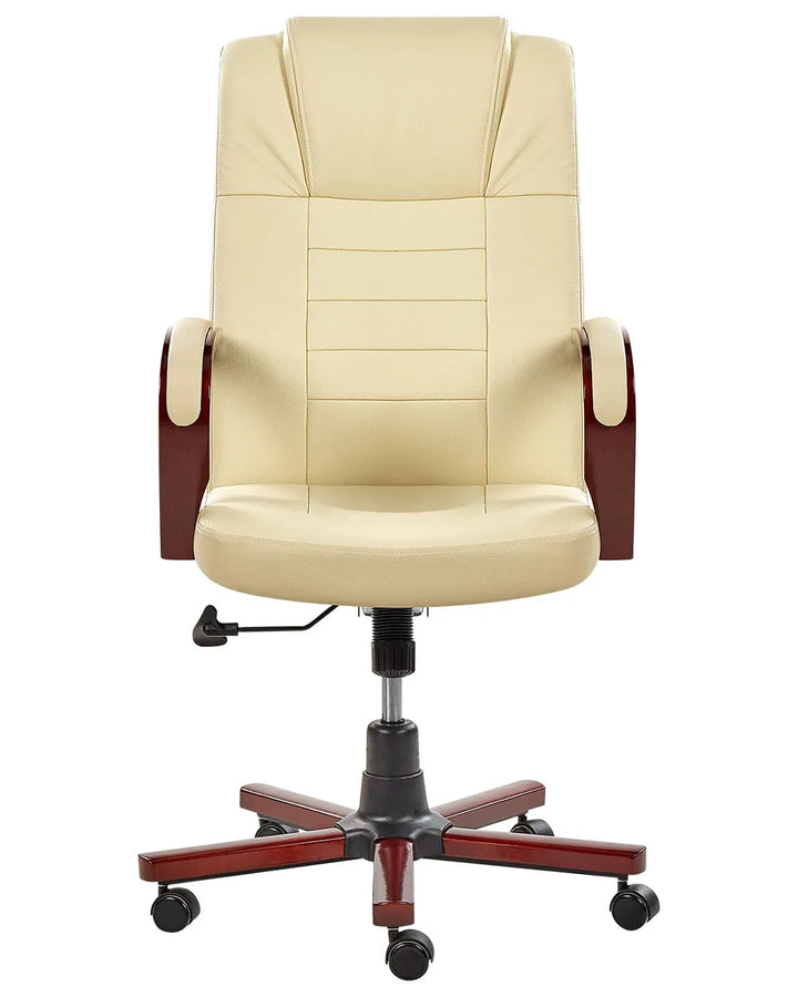 Beige office chair with wooden accents on a white background