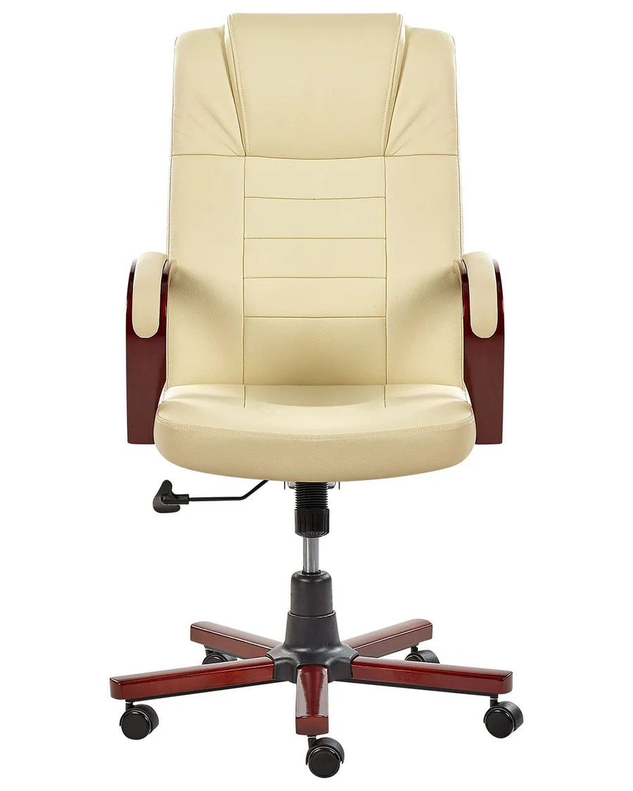 Beige office chair with wooden accents on a white background