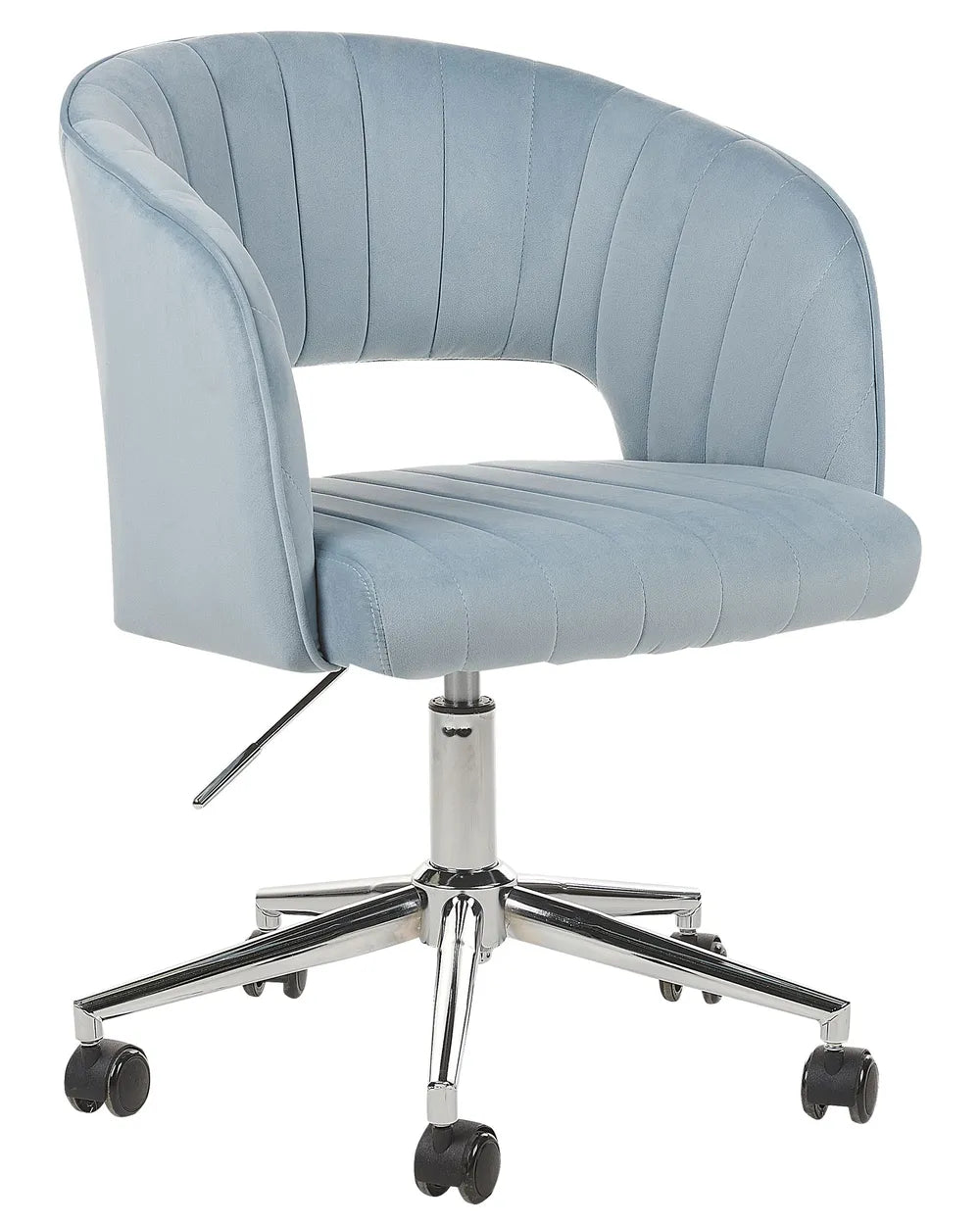 Blue office chair with a chrome base on a white background