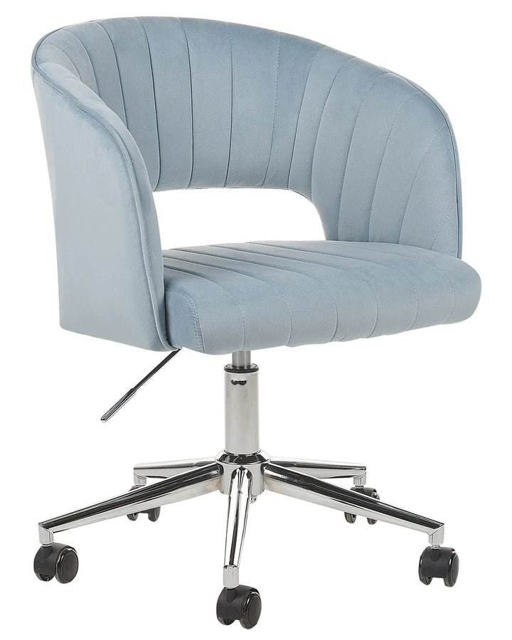 Blue office chair with a chrome base on a white background