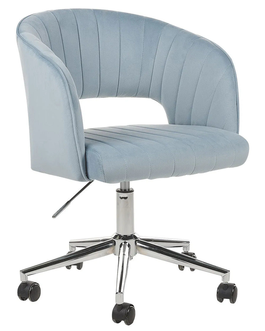 Blue office chair with a chrome base on a white background