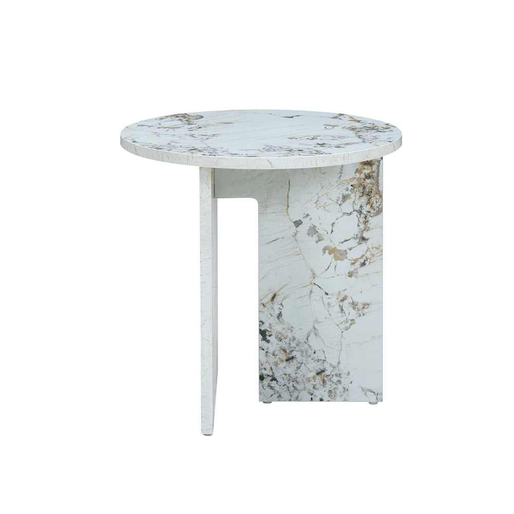 Round marble side table with a white and gray pattern on a white background