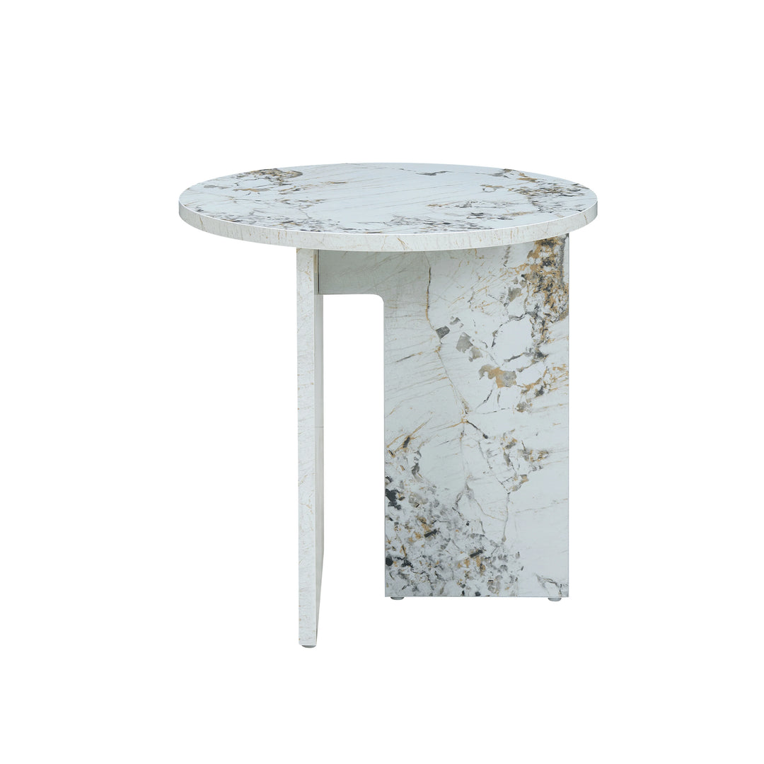 Round marble side table with a white and gray pattern on a white background