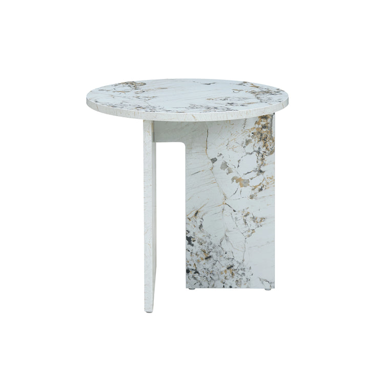 Round marble side table with a white and gray pattern on a white background