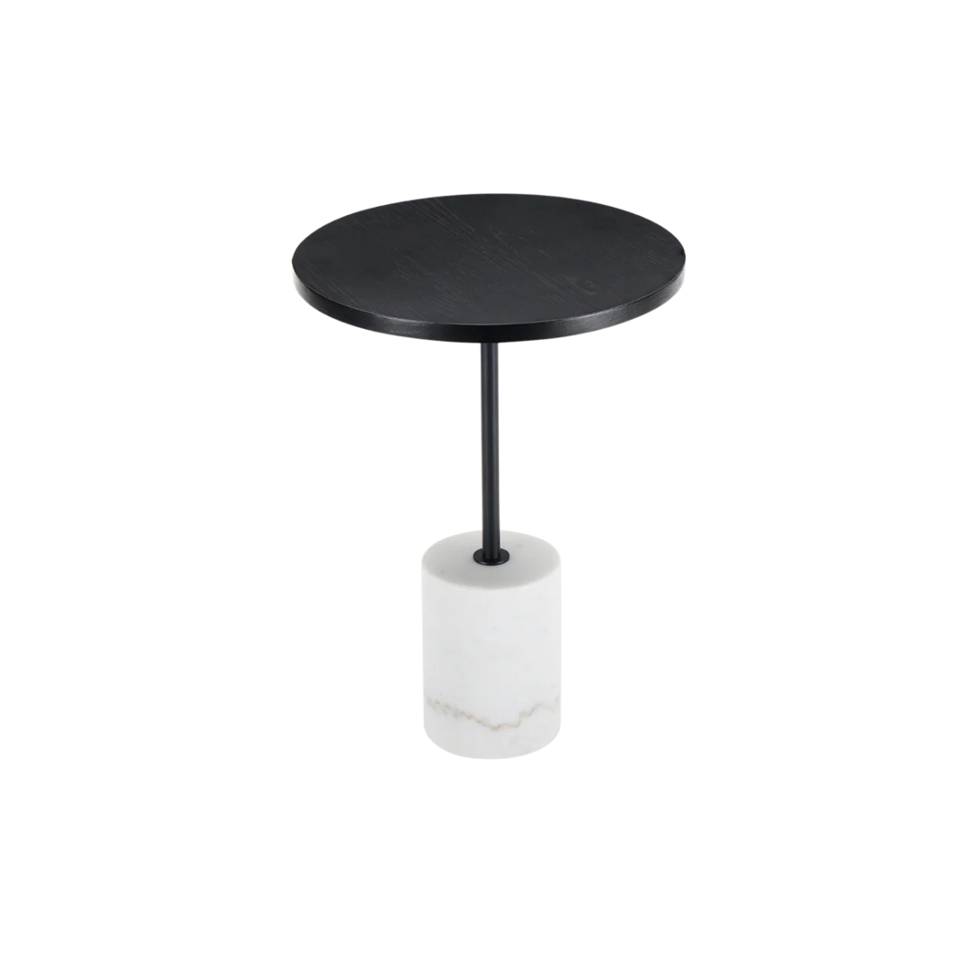 Round black table with a white cylindrical base on a white background