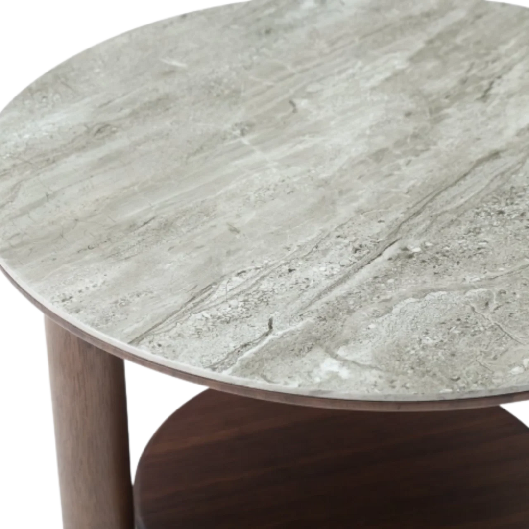 Round table with a stone-like top and wooden base on a white background