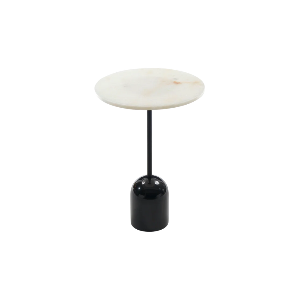 Small round table with marble top and black cylindrical base on a white background