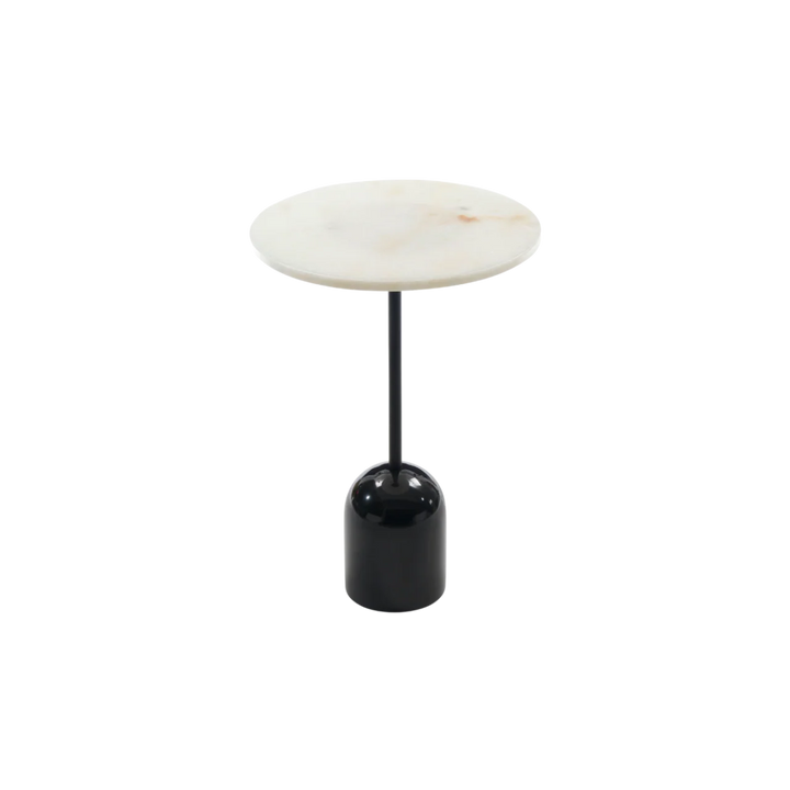 Small round table with marble top and black cylindrical base on a white background