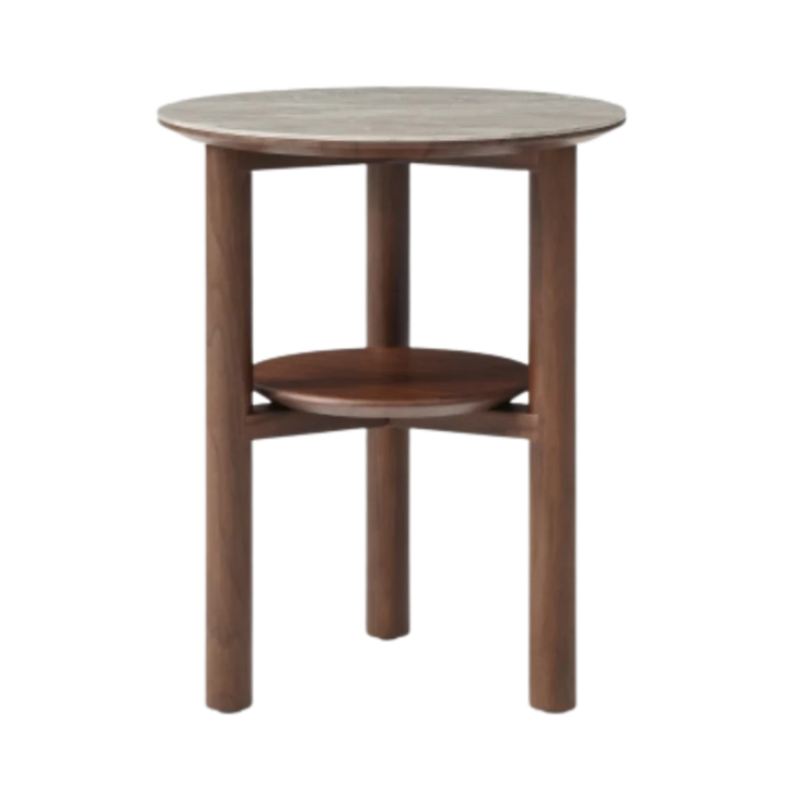Wooden side table with a round top and shelf on a white background