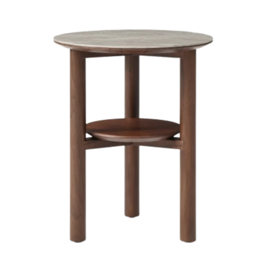 Wooden side table with a round top and shelf on a white background