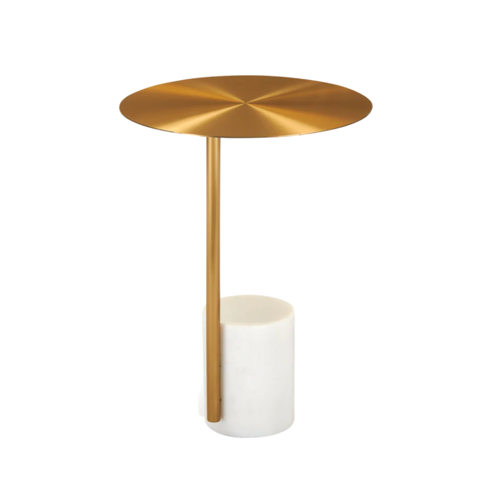 Gold side table with a white base on a white background