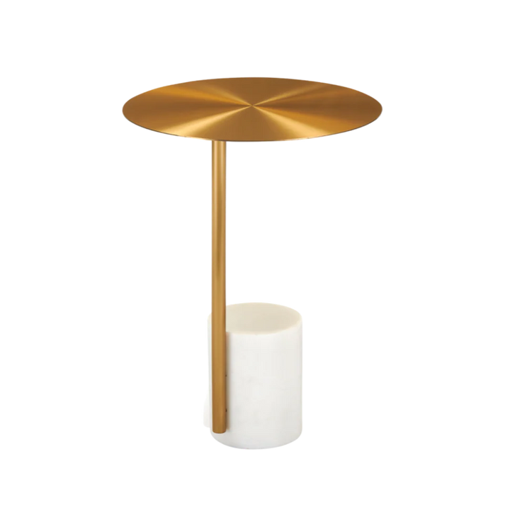 Gold side table with a white base on a white background