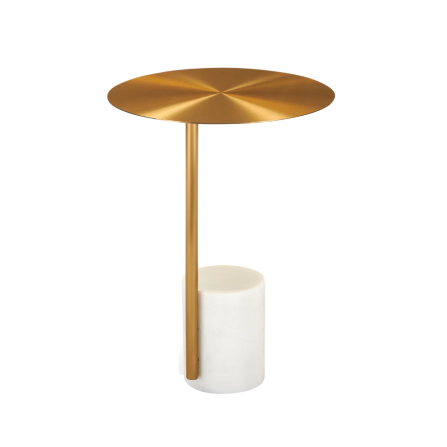 Gold side table with a white base on a white background