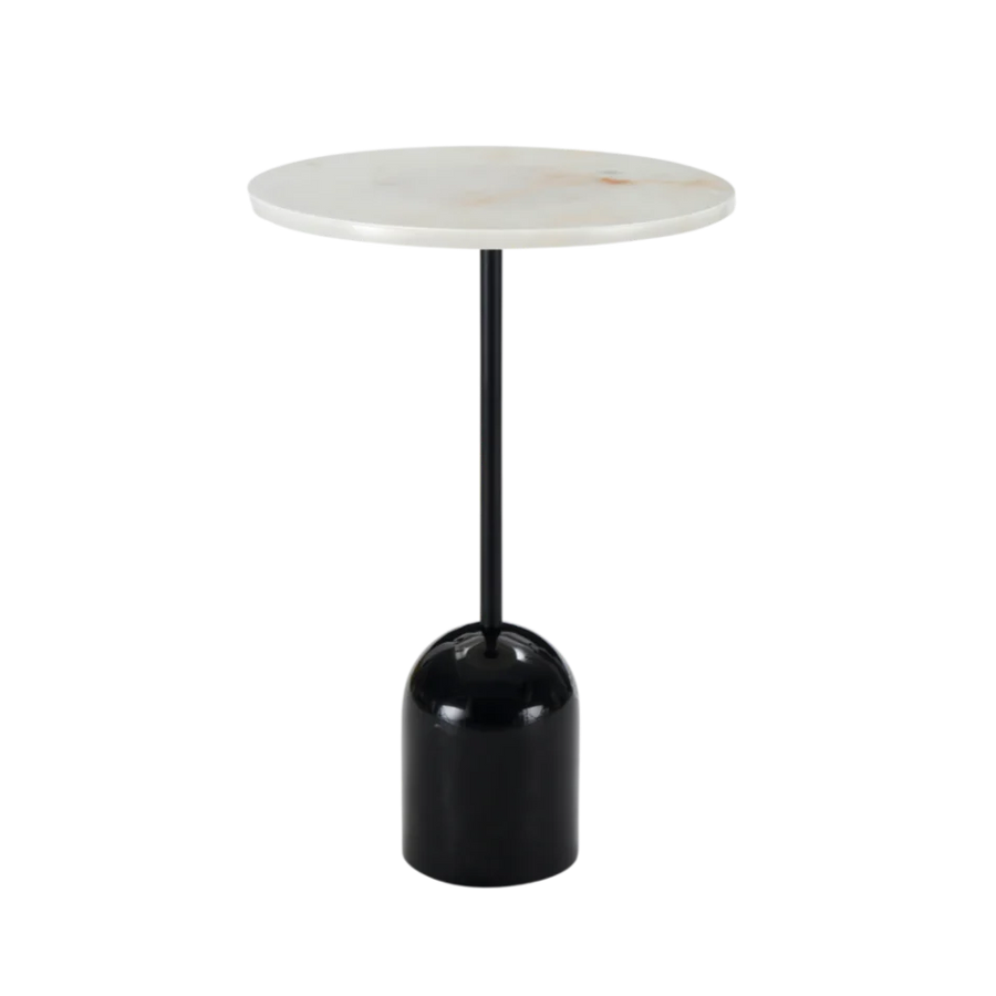 Small round table with a white marble top and black cylindrical base on a white background