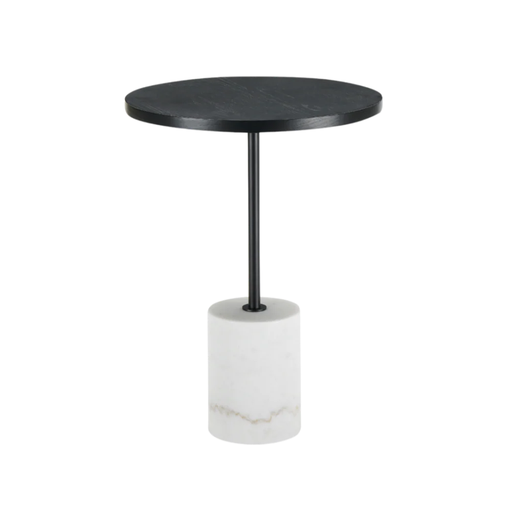 Round black table with a white cylindrical base on a white background