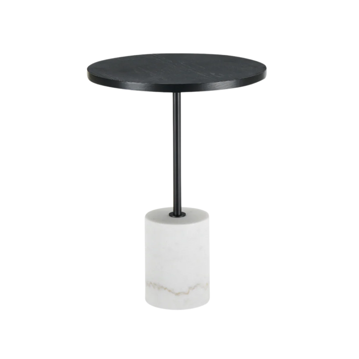 Round black table with a white cylindrical base on a white background