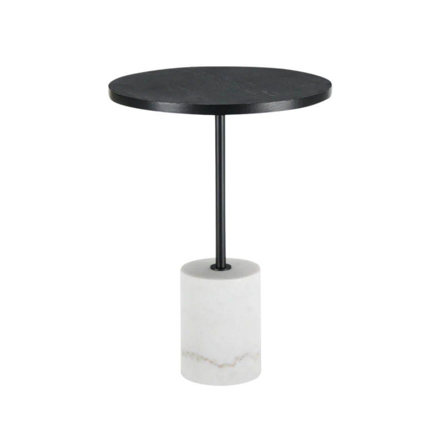 Round black table with a white cylindrical base on a white background
