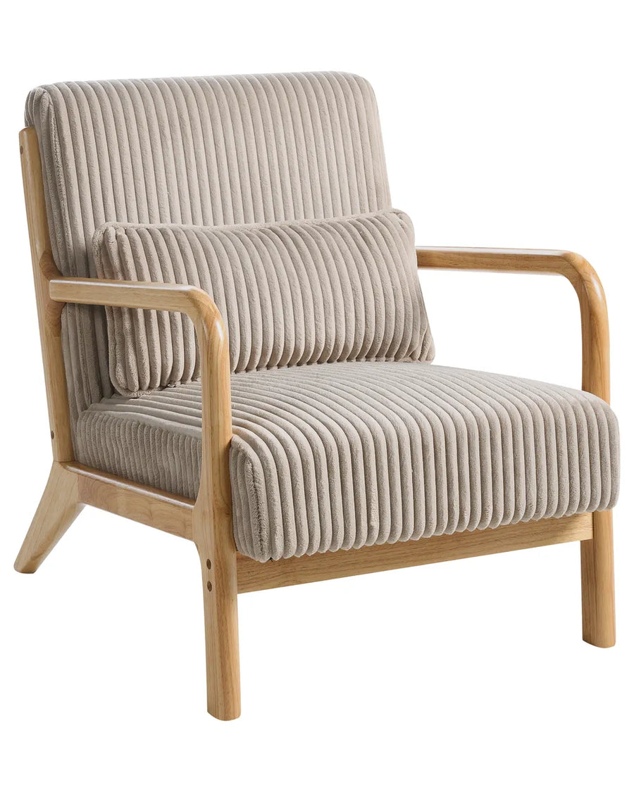 Beige armchair with wooden frame on a white background