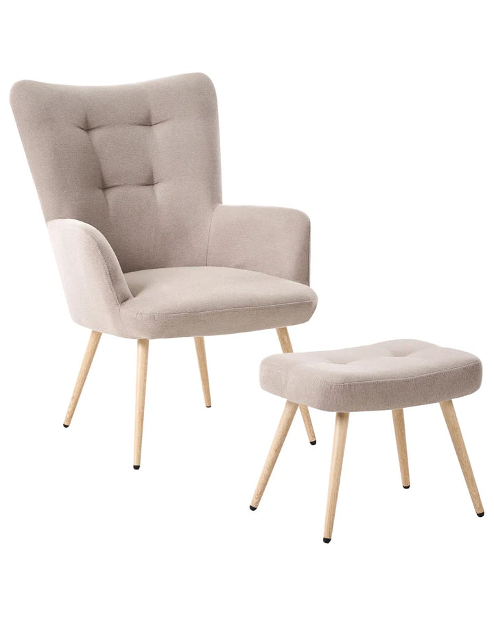 Beige armchair with matching ottoman on a white background