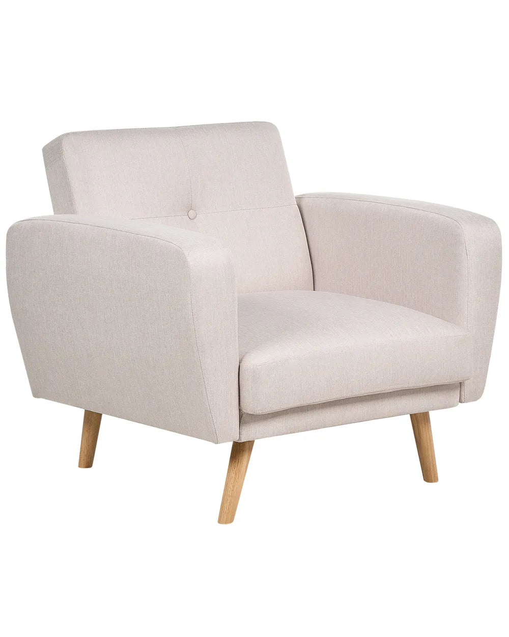 Beige armchair with wooden legs on a white background