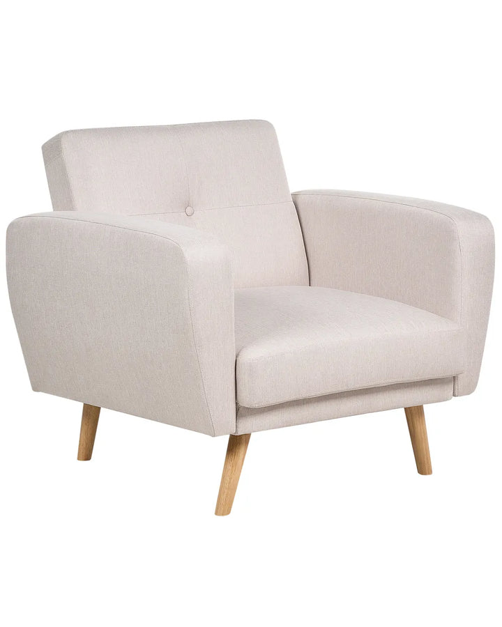 Beige armchair with wooden legs on a white background