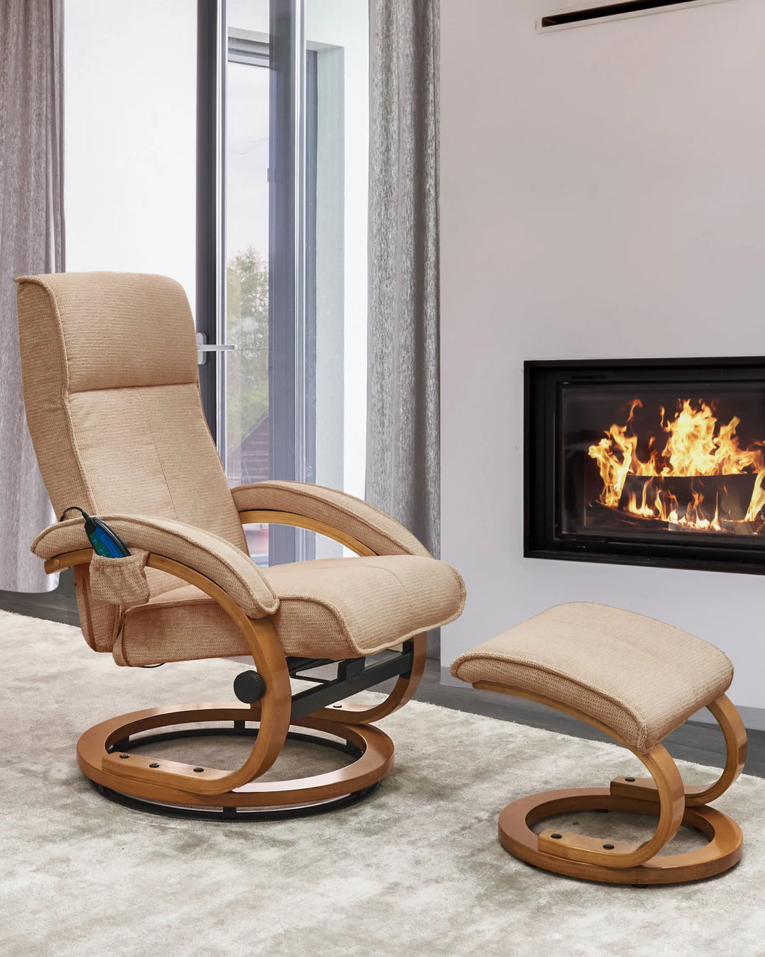 Beige recliner chair and ottoman in front of a fireplace