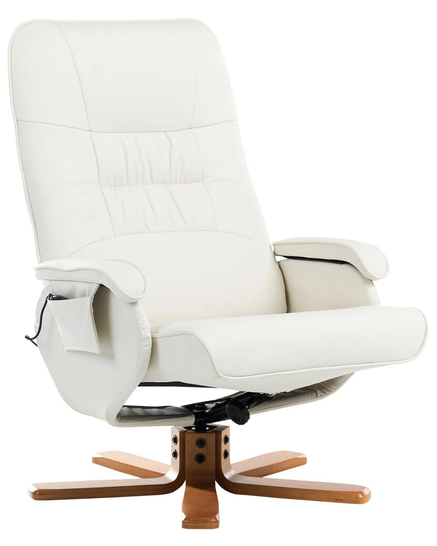 White recliner chair with wooden base on a white background