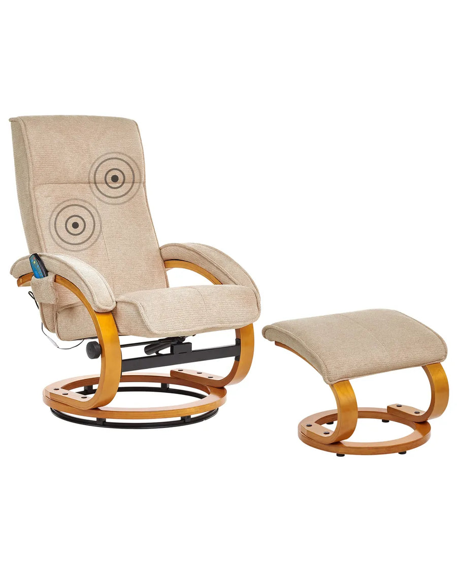 Beige recliner chair with wooden frame and ottoman on a white background