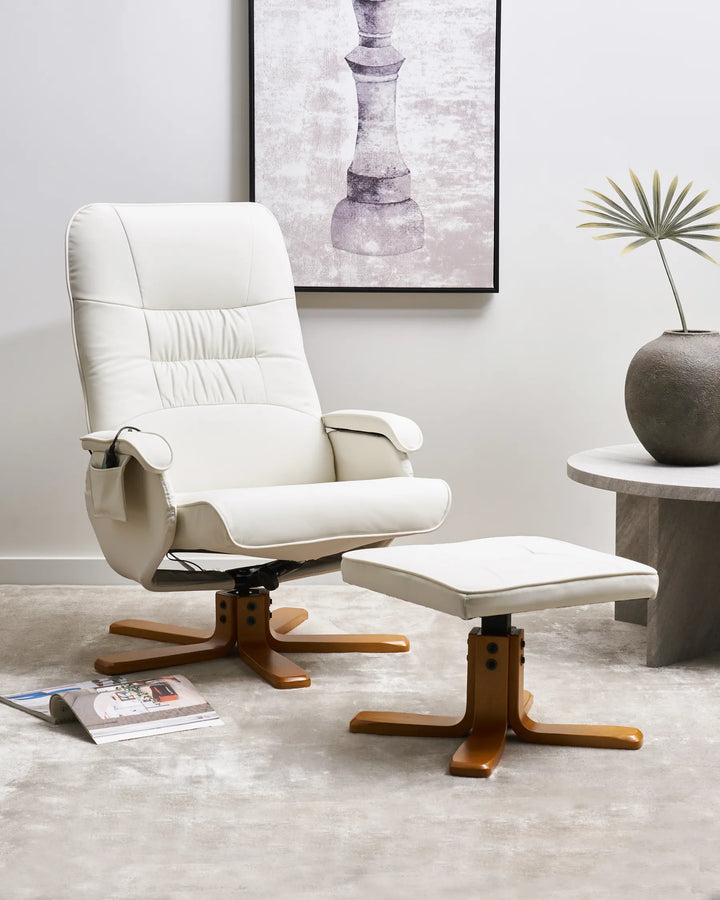 White recliner chair with wooden base in a room with a painting and plant.
