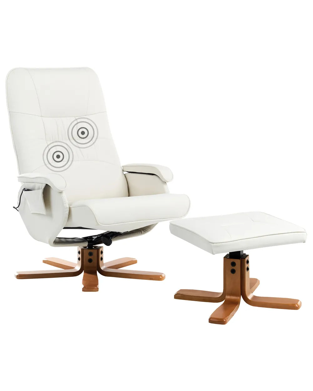 White recliner chair with wooden base and matching ottoman on a white background