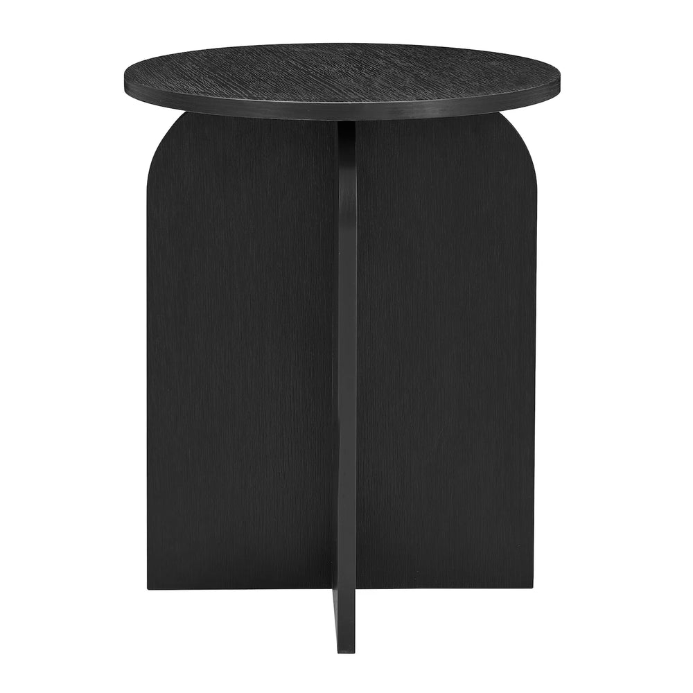 Black side table with a round top on a white background