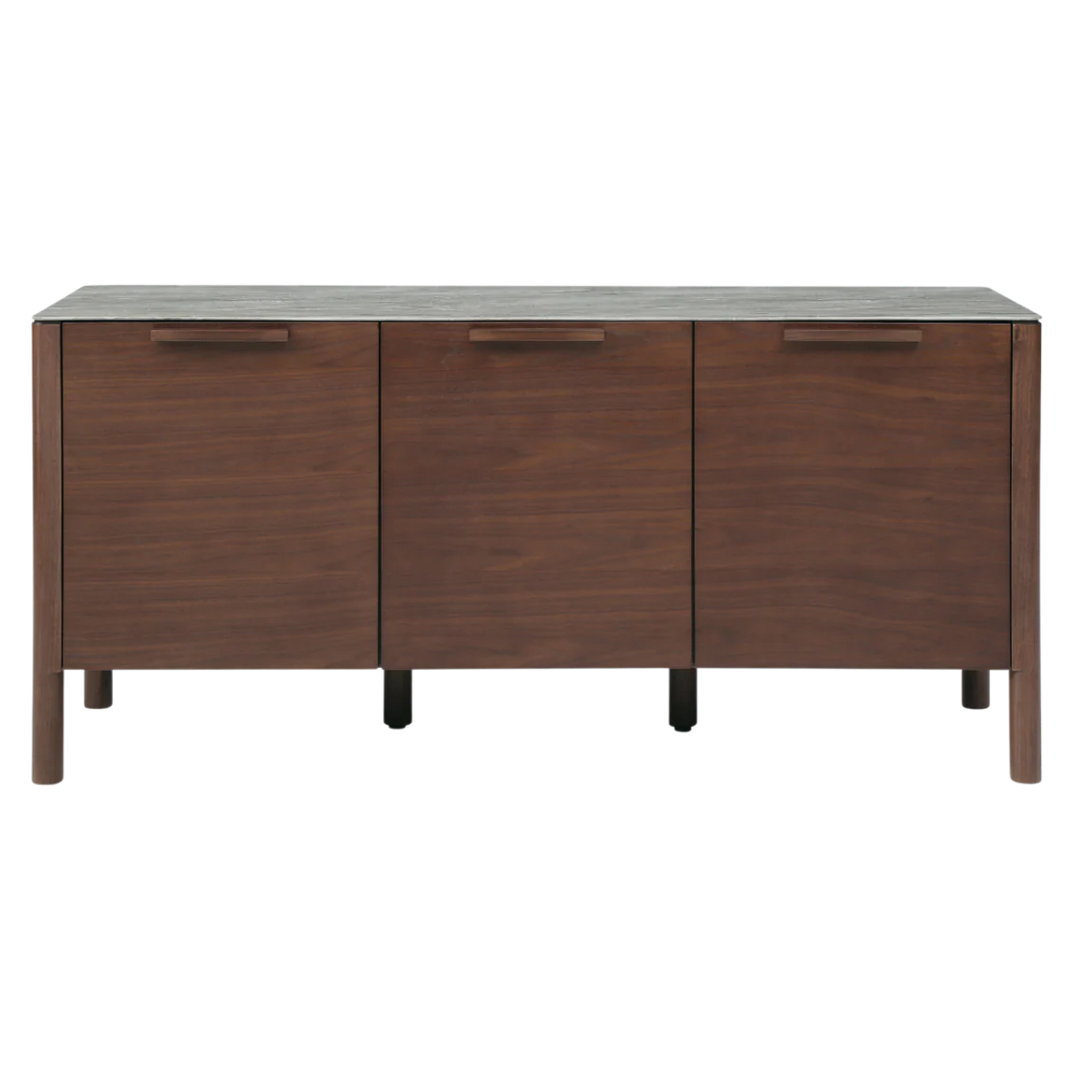 Wooden sideboard with three doors on a white background